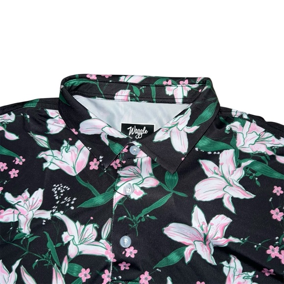 Waggle Golf Floral Print Men's Polo Shirts XXL Black and Light Blue - Picture 5 of 6